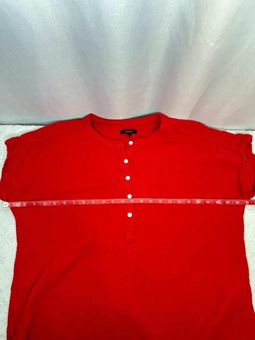 Quince Gauze Cotton Red Short Sleeve Blouse, Large Resort Minimalist Lagenlook - Picture 8 of 9